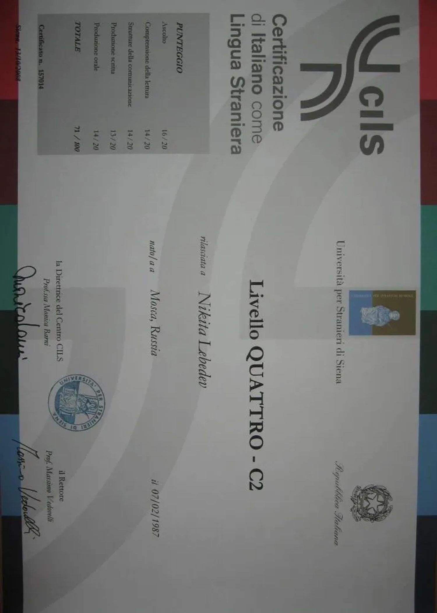 CILS Certificate — Università per Stranieri di Siena