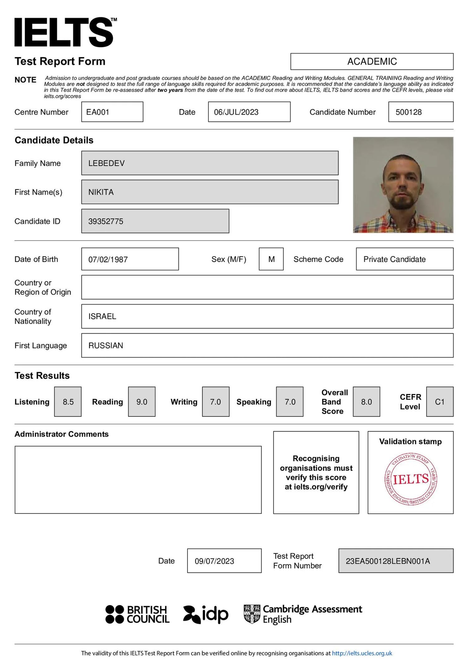 IELTS Certificate — Cambridge English, Band 8.0