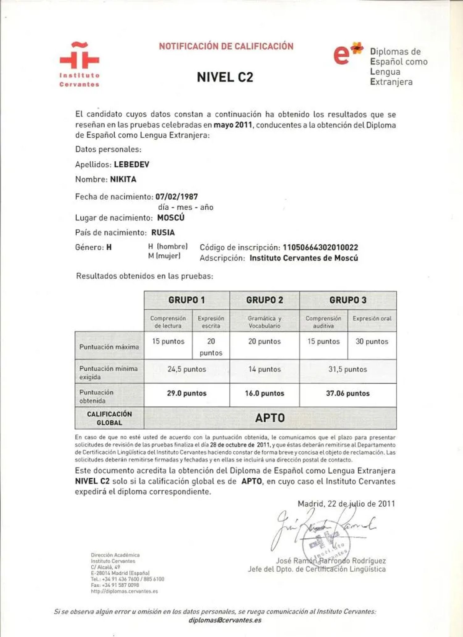 DELE Nivel C2 Certificate — Instituto Cervantes